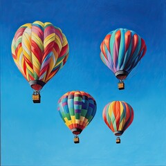 Naklejka premium Four colorful hot air balloons soar in a blue sky.