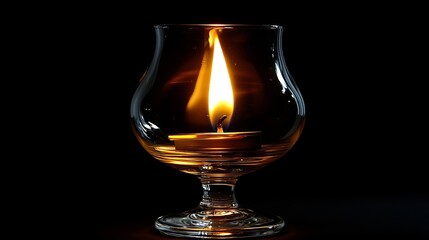 A lit candle in a glass on a black background