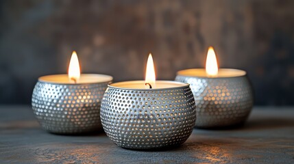 A group of three silver candles sitting on top of a table