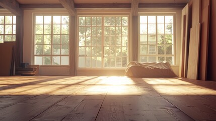 Fototapeta premium A room with wooden floors and large windows