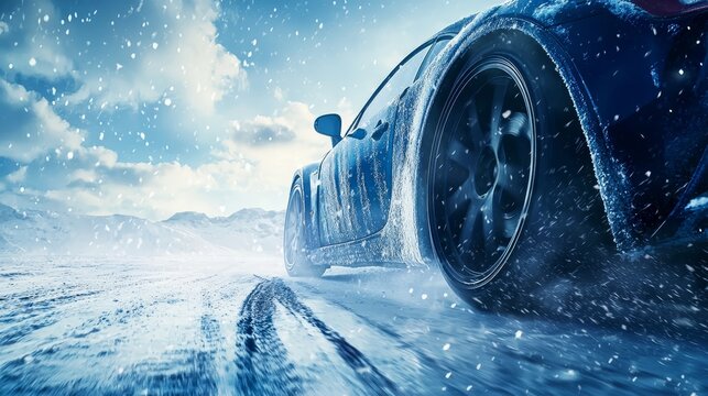 A blue sports car driving on a snowy road