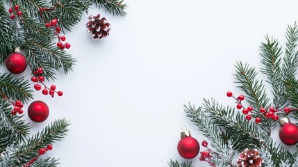 A border of evergreen branches with red ornaments and pine cones