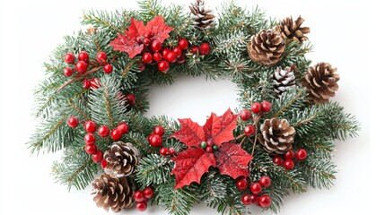 A wreath with pine cones and red berries on a white background