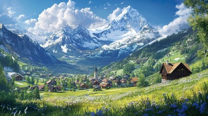 A picturesque alpine landscape with snow-capped mountains, green valleys, and charming chalets.