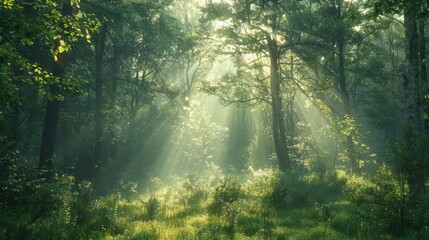 Obraz premium A forest scene with sunlight filtering through tall trees, highlighting the intricate details of leaves and branches