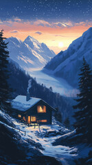 Fototapeta premium Phone background: ozy cabin nestled in the mountains, a snow-covered landscape under a starry sky, warm light emanating from the windows, a serene and peaceful atmosphere