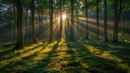 Fototapeta premium A forest scene with sunlight filtering through tall trees, highlighting the intricate details of leaves and branches