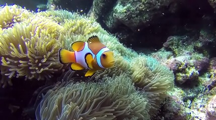 A clown fish in an anemonic sea anemone in the ocean