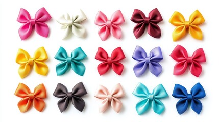 A bunch of different colored bows on a white background