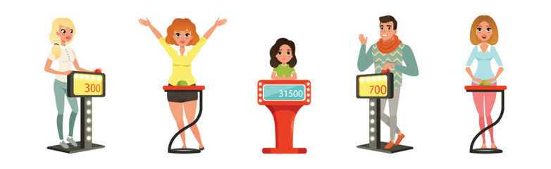Tv Quiz Game with People Character Players Vector Set