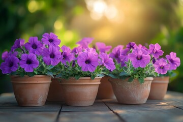 Vibrant purple petunias blooming in terracotta pots on a sunlit wooden table