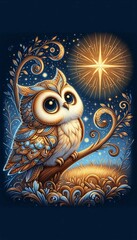 Naklejka premium Dreamy Owl Under the Evening Star in an Enchanted Forest