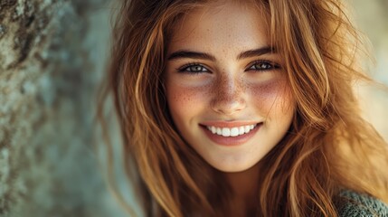 A woman with freckles smiles at the camera