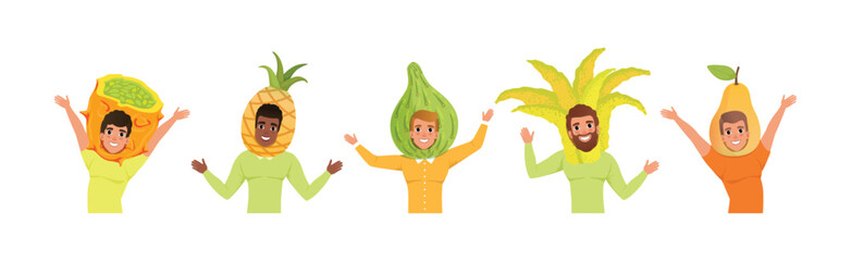 Man Character in Fruit Headdress and Head Wear Vector Set