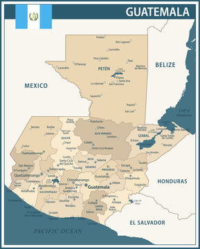Guatemala Map Vector Vintage Dark Blue Beige - Customizable layered political map of Guatemala with administrative divisions for website, education, reports, news, politics, print, poster