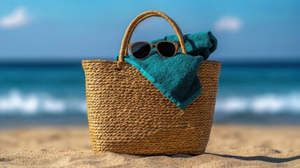 a straw beach bag with a towel and sunglasses peeking out