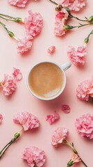 Relaxing coffee moment with pink flowers on a pastel background