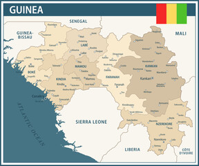 Obraz premium Guinea Map Vector Vintage Dark Blue Beige - Customizable layered political map of Guinea with administrative divisions for website, education, reports, news, politics, print, poster and wallpaper