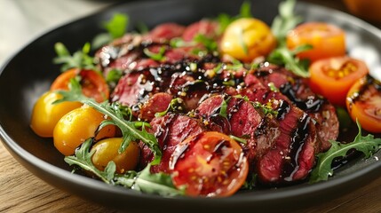 A beautifully plated dish of sliced beef with tomatoes and arugula, drizzled with sauce.