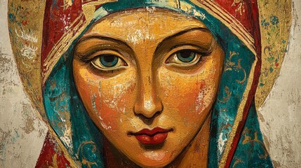  A painting of a woman's face with blue eyes