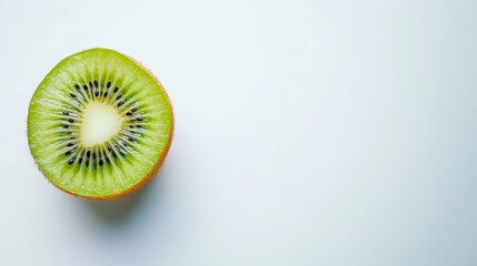 A kiwi cut in half on a white surface