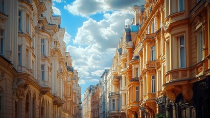 A picturesque street lined with ornate buildings under a bright blue sky.