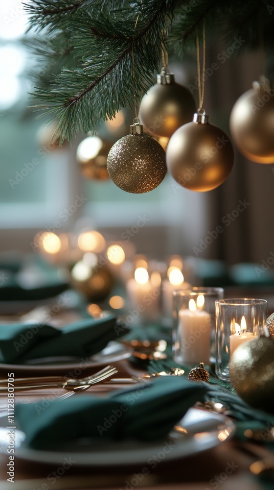 Poster Elegant festive table setting with golden ornaments and candles in a warm atmosphere