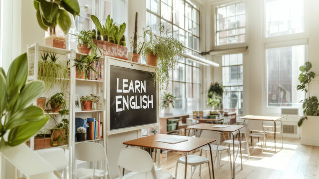Airy sunlit classroom with chalkboard with text Learn English, educational concept