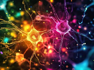 Neurons connect, colorful, vibrant, neural network.
