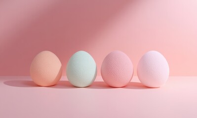 Four pastel beauty blenders on a soft pink background