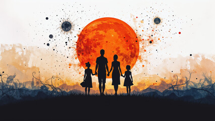 Naklejka premium Silhouetted family with artistic orange sun backdrop
