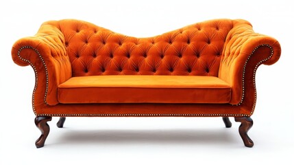 An orange couch sitting on top of a white surface