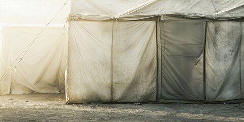 Weathered refugee tent shelters in dusty environment