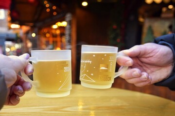 Two glasses of warm mulled wine at the Christmas market in Lubeck, Germany.