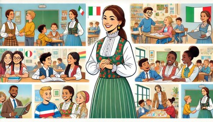 Obraz premium Engaging Italian Teacher with Students in a Multicultural Classroom Setting