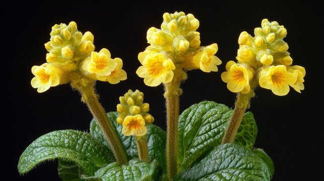 A close up of a yellow flower with green leaves