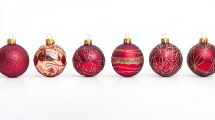 Obraz premium A row of red and gold christmas ornaments on a white background