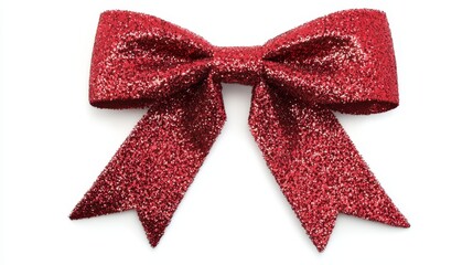 A red glitter bow on a white background