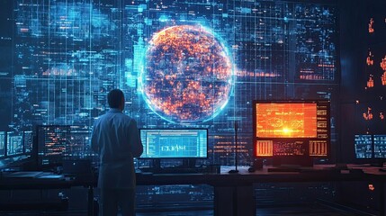 Fototapeta premium Person observing global data streams on monitors.