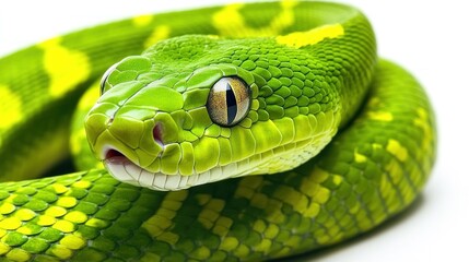 Fototapeta premium Emerald Green Tree Boa Close-Up: Vibrant Scales and Captivating Gaze