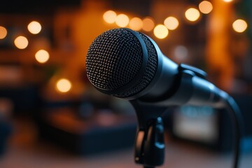 Obraz premium Microphone stands ready for performance in warm, softly lit environment during evening