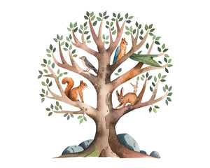 Colorful tree illustration with various animals engaging in activities among lush leaves and rocks