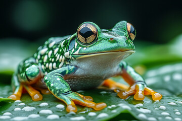 Fototapeta premium A Vibrant Green Frog Rests On A Dew Covered Leaf