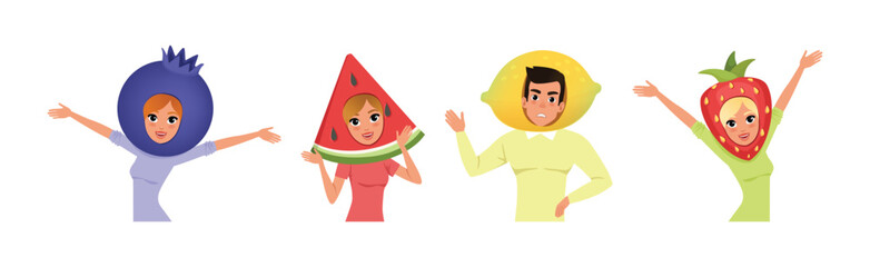 Man and Woman Character in Fruit Headdress and Head Wear Vector Set