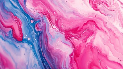 A pink and blue abstract painting with water droplets
