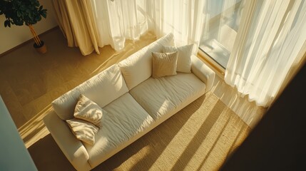 A white couch sitting in front of a window next to a plant