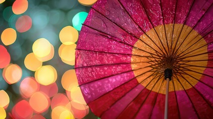 A pink umbrella with water droplets on it in front of a blurry background
