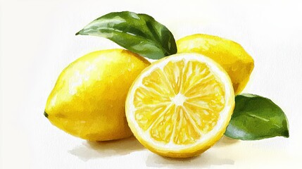 A watercolor painting of three lemons with leaves on a white background