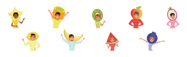 Man and Woman Character in Fruit Headdress and Head Wear Vector Set