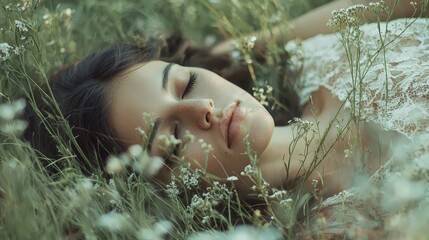 A woman laying in a field of flowers with her eyes closed